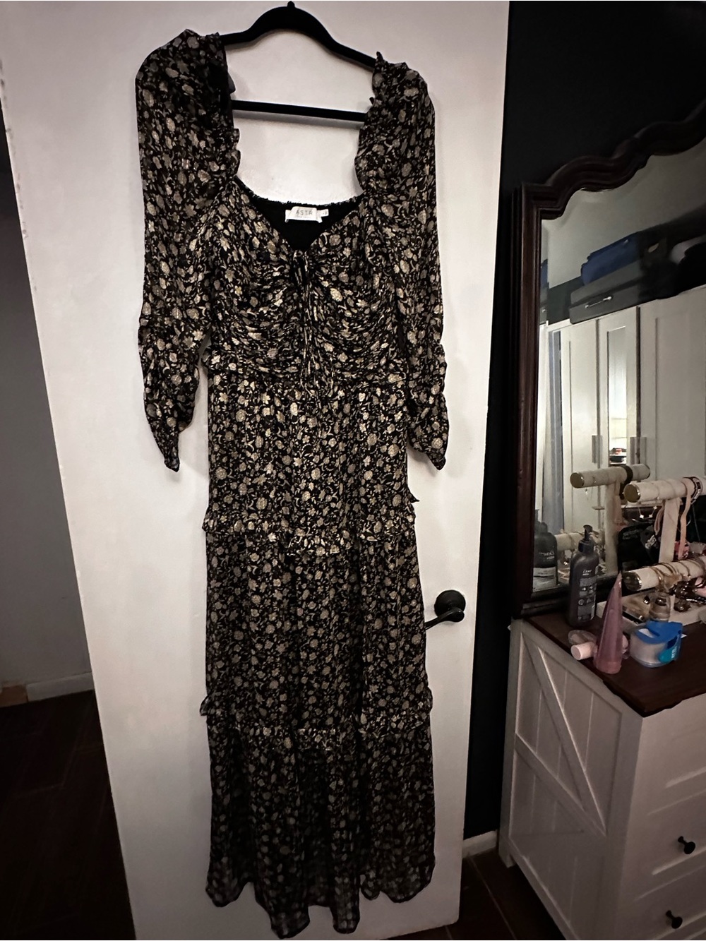 Astr Black Maxi Dress with Cream Floral Print and Ruffle Tiers